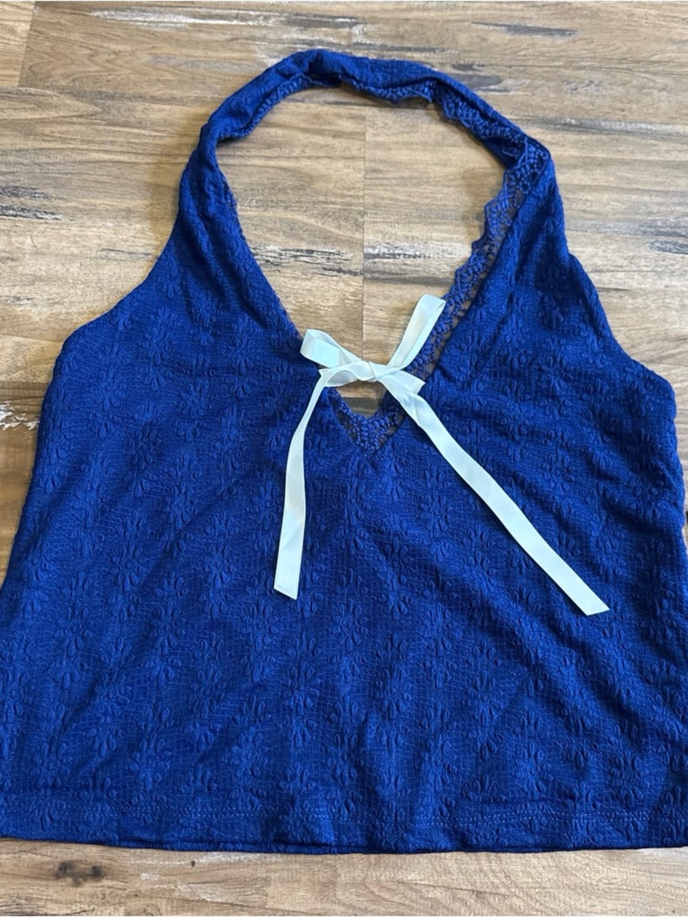 Blue Halter Lace Tank Top with Ribbon Tie